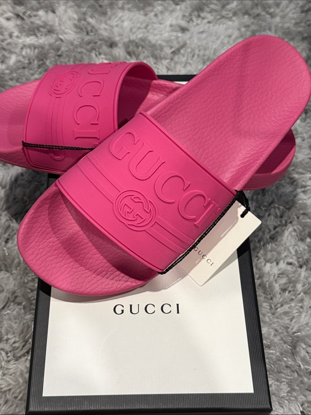 Gucci Women's Hot Pink Embossed Logo Slide Sandals